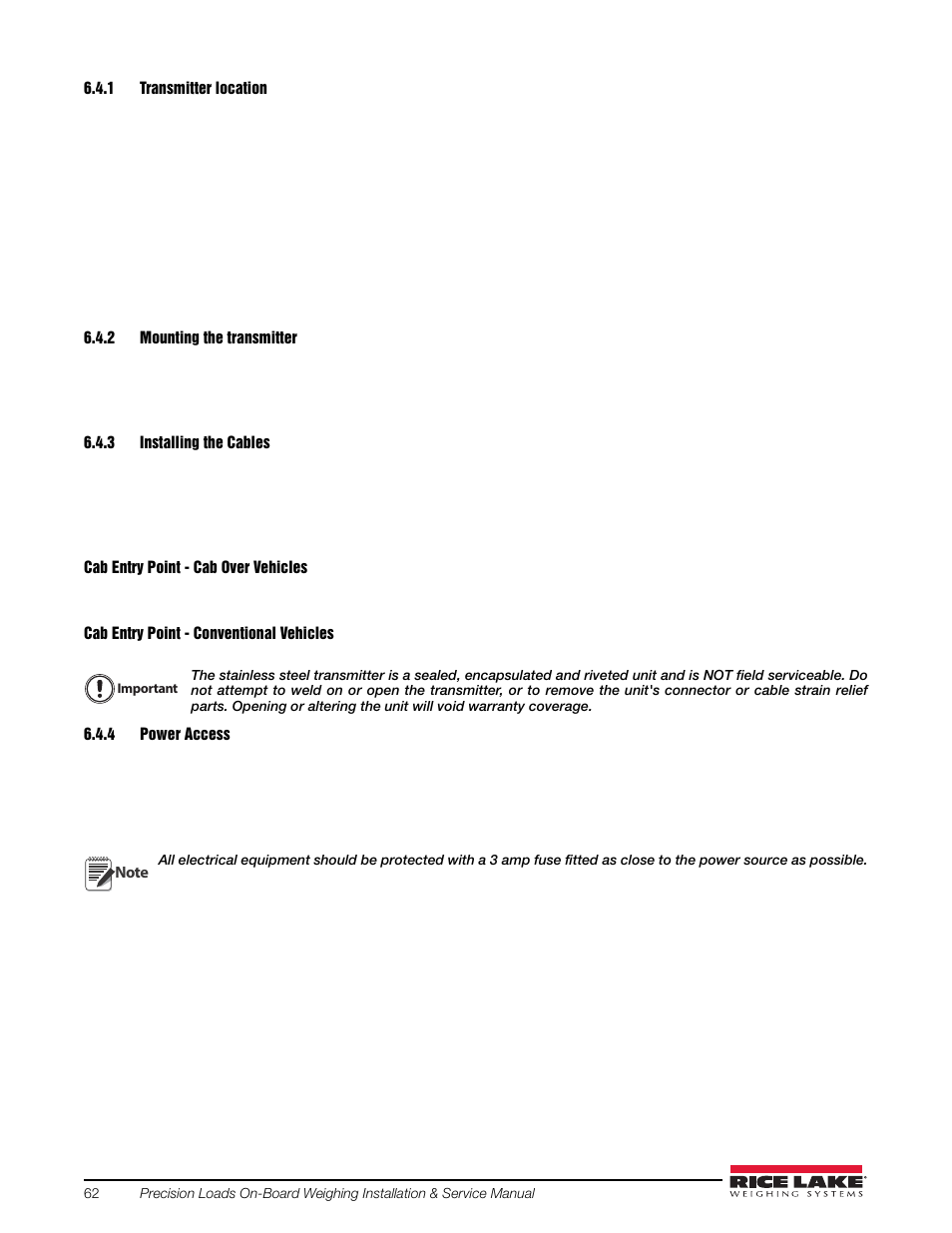 1 transmitter location, 2 mounting the transmitter, 3 installing the cables | 4 power access, Transmitter location, Mounting the transmitter, Installing the cables, Power access | Rice Lake Combination System - Precision Loads On-Board Weighing Systems User Manual | Page 66 / 80
