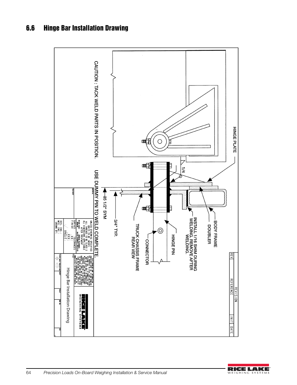 6 hinge bar installation drawing | Rice Lake Combination System - Precision Loads On-Board Weighing Systems User Manual | Page 68 / 80