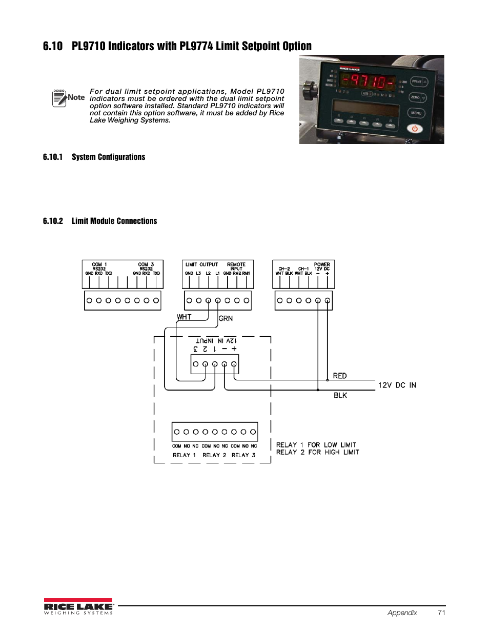 1 system configurations, 2 limit module connections, System configurations | Limit module connections | Rice Lake Combination System - Precision Loads On-Board Weighing Systems User Manual | Page 75 / 80