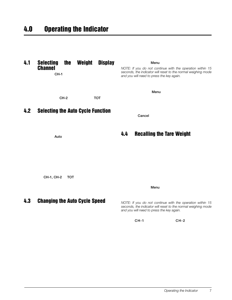 0 operating the indicator, 1 selecting the weight display channel, 2 selecting the auto cycle function | 3 changing the auto cycle speed, 4 recalling the tare weight, Operating the indicator | Rice Lake Combination System - Precision Loads PL9700 Indicator User Manual | Page 11 / 26