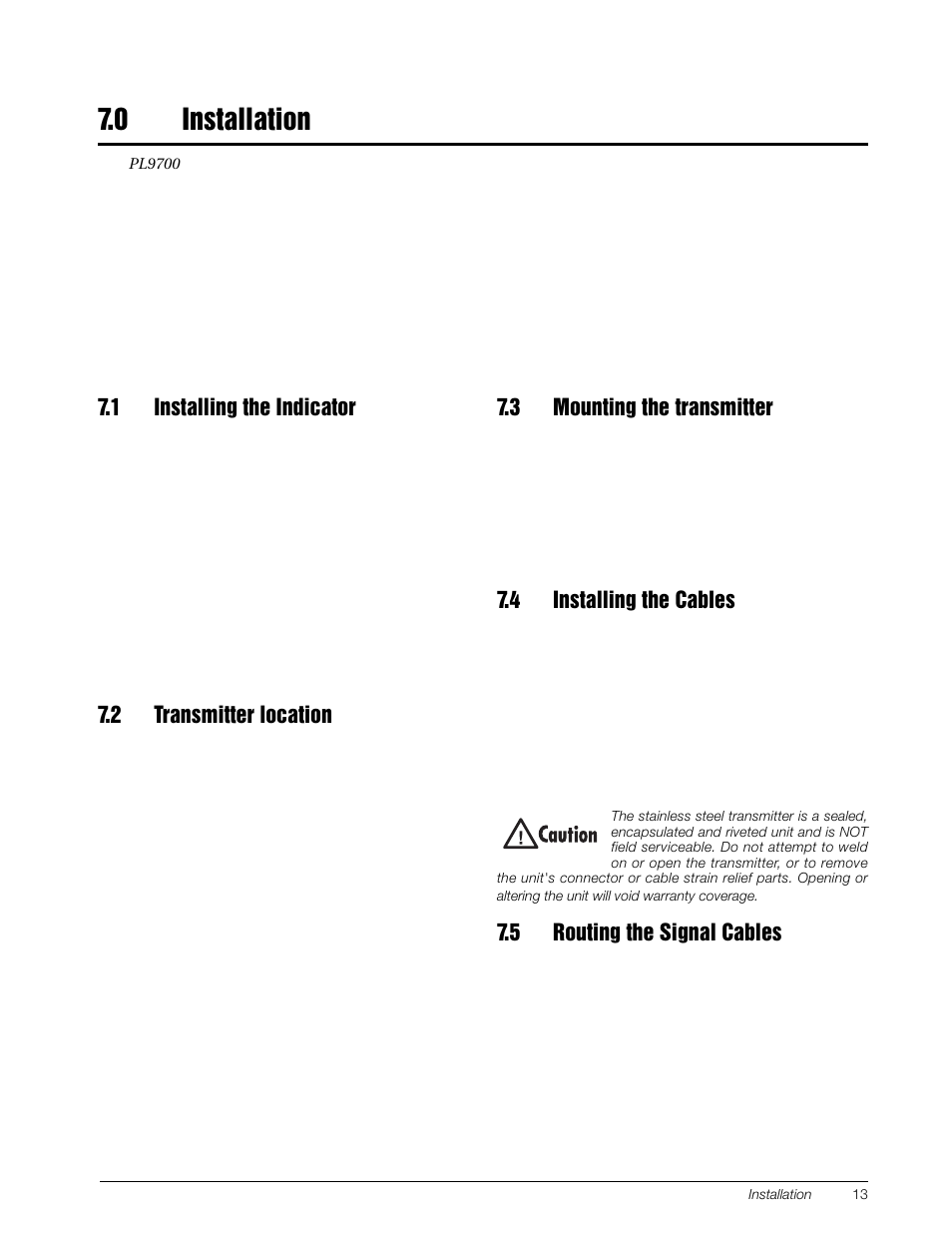 0 installation, 1 installing the indicator, 2 transmitter location | 3 mounting the transmitter, 4 installing the cables, 5 routing the signal cables, Installation | Rice Lake Combination System - Precision Loads PL9700 Indicator User Manual | Page 17 / 26