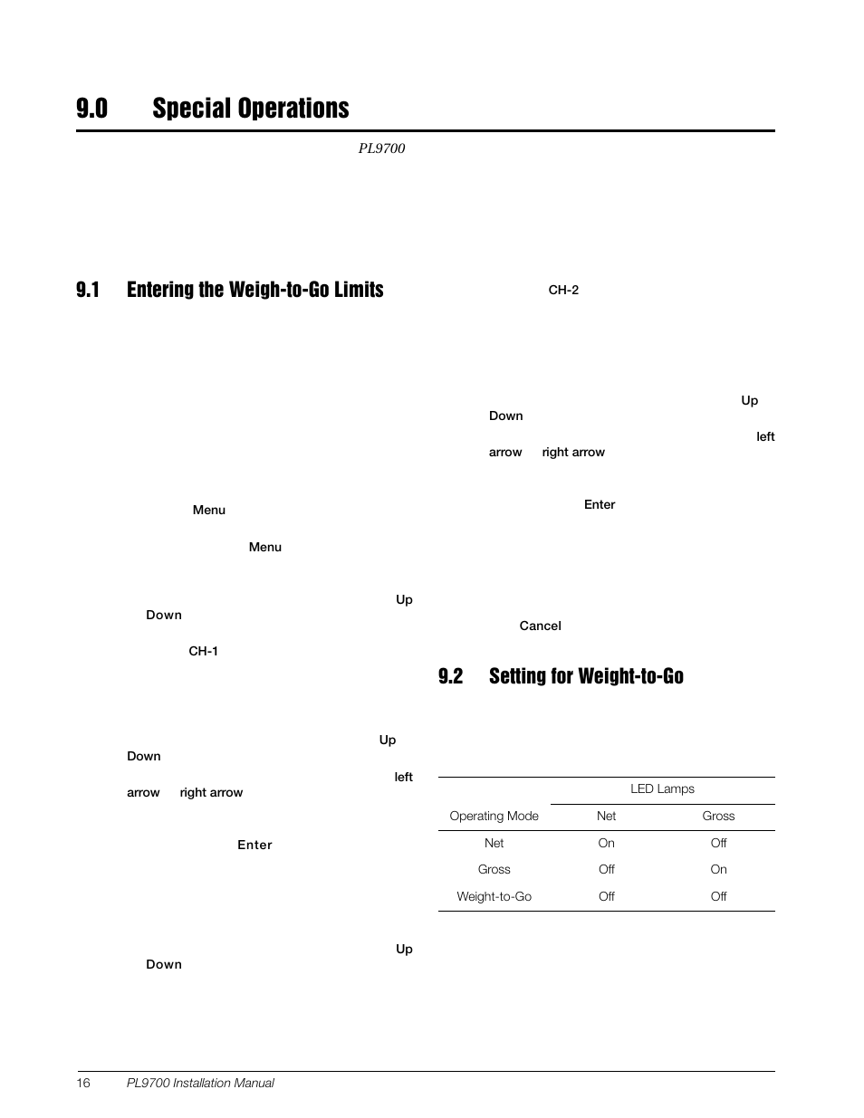 0 special operations, 1 entering the weigh-to-go limits, 2 setting for weight-to-go | Special operations | Rice Lake Combination System - Precision Loads PL9700 Indicator User Manual | Page 20 / 26