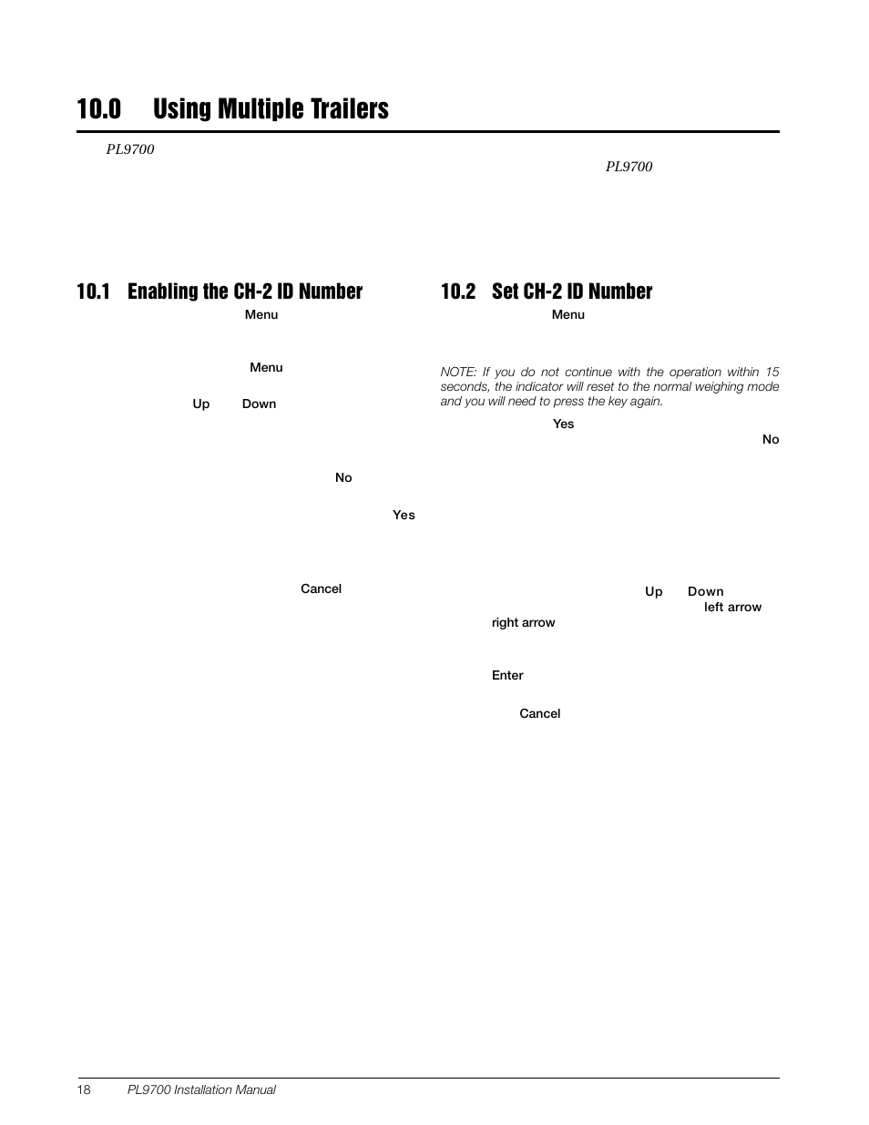 0 using multiple trailers, 1 enabling the ch-2 id number, 2 set ch-2 id number | Using multiple trailers | Rice Lake Combination System - Precision Loads PL9700 Indicator User Manual | Page 22 / 26