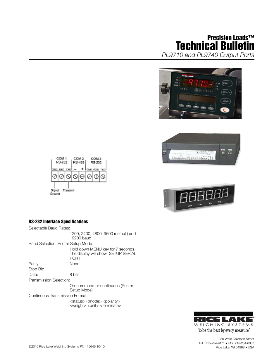 Rice Lake Combination System - Precision Loads PL9710 and PL9740 Output Ports User Manual | 1 page