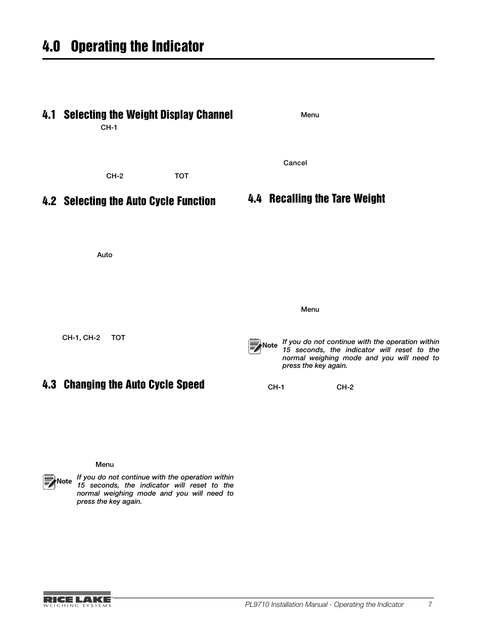 0 operating the indicator, 1 selecting the weight display channel, 2 selecting the auto cycle function | 3 changing the auto cycle speed, 4 recalling the tare weight, Operating the indicator, Selecting the weight display channel, Selecting the auto cycle function, Changing the auto cycle speed, Recalling the tare weight | Rice Lake Combination System - Precision Loads PL9710 Indicator User Manual | Page 11 / 30