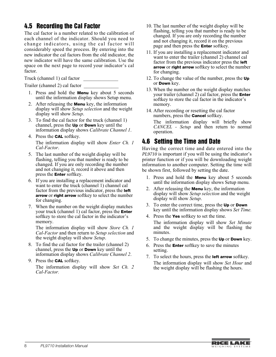 5 recording the cal factor, 6 setting the time and date, Recording the cal factor | Setting the time and date | Rice Lake Combination System - Precision Loads PL9710 Indicator User Manual | Page 12 / 30