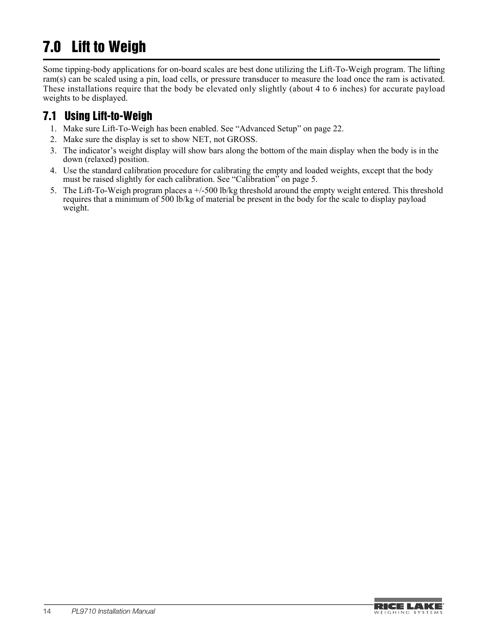 0 lift to weigh, 1 using lift-to-weigh, Lift to weigh | Using lift-to-weigh | Rice Lake Combination System - Precision Loads PL9710 Indicator User Manual | Page 18 / 30