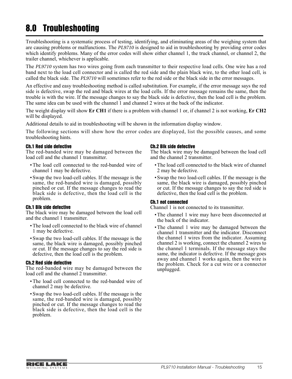 0 troubleshooting, Troubleshooting | Rice Lake Combination System - Precision Loads PL9710 Indicator User Manual | Page 19 / 30