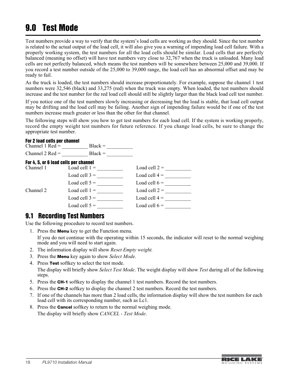 0 test mode, 1 recording test numbers, Test | Mode, Recording test numbers | Rice Lake Combination System - Precision Loads PL9710 Indicator User Manual | Page 22 / 30