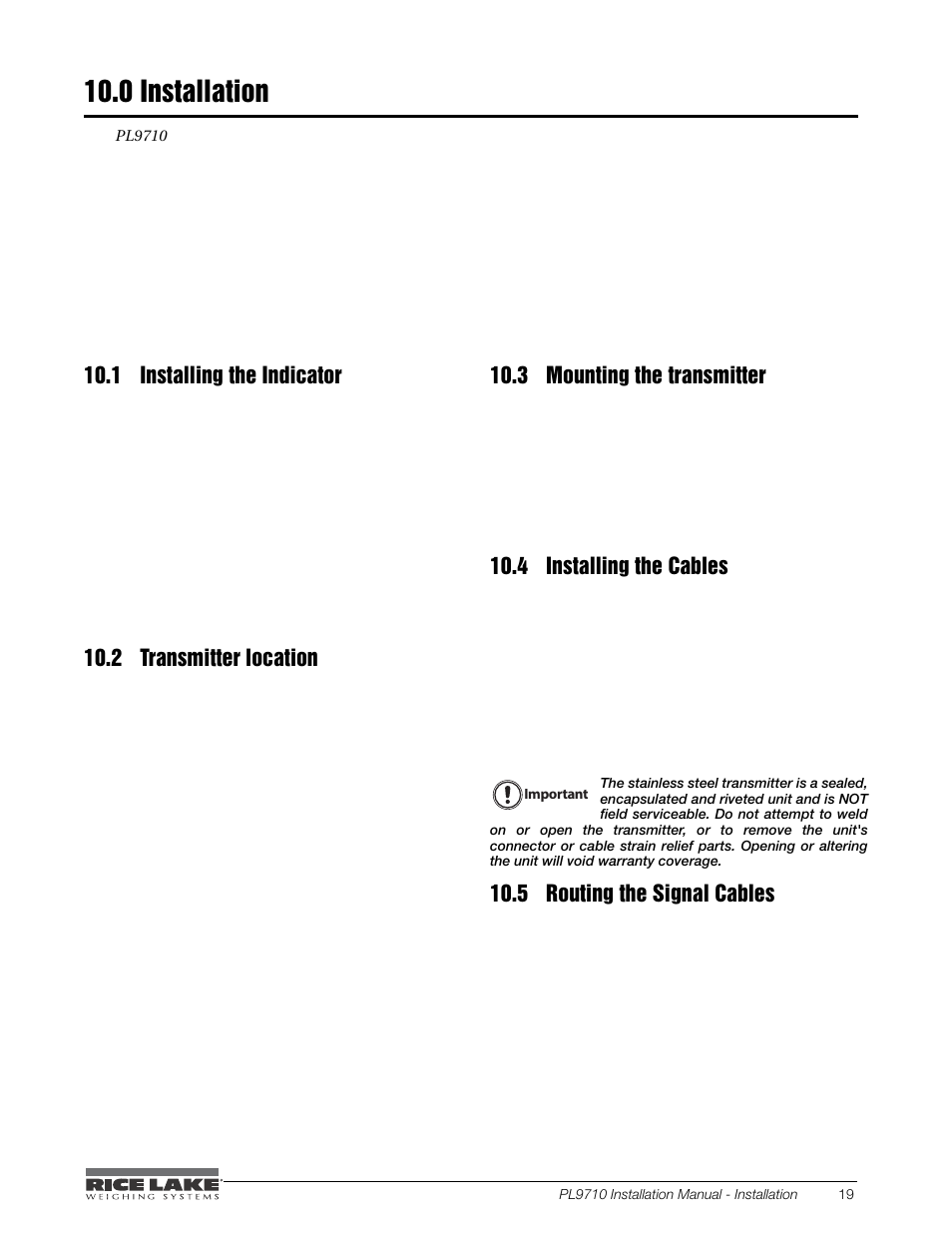 0 installation, 1 installing the indicator, 2 transmitter location | 3 mounting the transmitter, 4 installing the cables, 5 routing the signal cables, Installation, Installing the indicator, Transmitter location, Mounting the transmitter | Rice Lake Combination System - Precision Loads PL9710 Indicator User Manual | Page 23 / 30