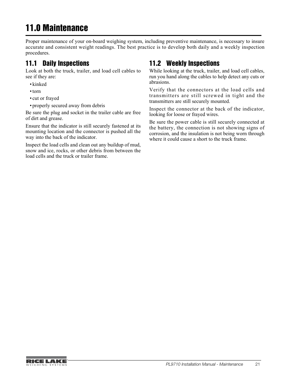 0 maintenance, 1 daily inspections, 2 weekly inspections | Maintenance, Daily inspections, Weekly inspections | Rice Lake Combination System - Precision Loads PL9710 Indicator User Manual | Page 25 / 30