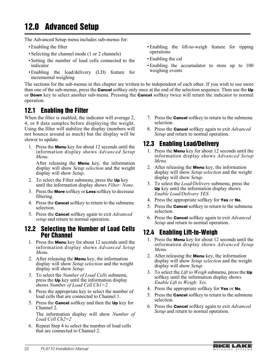 0 advanced setup, 1 enabling the filter, 2 selecting the number of load cells per channel | 3 enabling load/delivery, 4 enabling lift-to-weigh, Advanced setup, Enabling the filter, Selecting the number of load cells per channel, Enabling load/delivery, Enabling lift-to-weigh | Rice Lake Combination System - Precision Loads PL9710 Indicator User Manual | Page 26 / 30