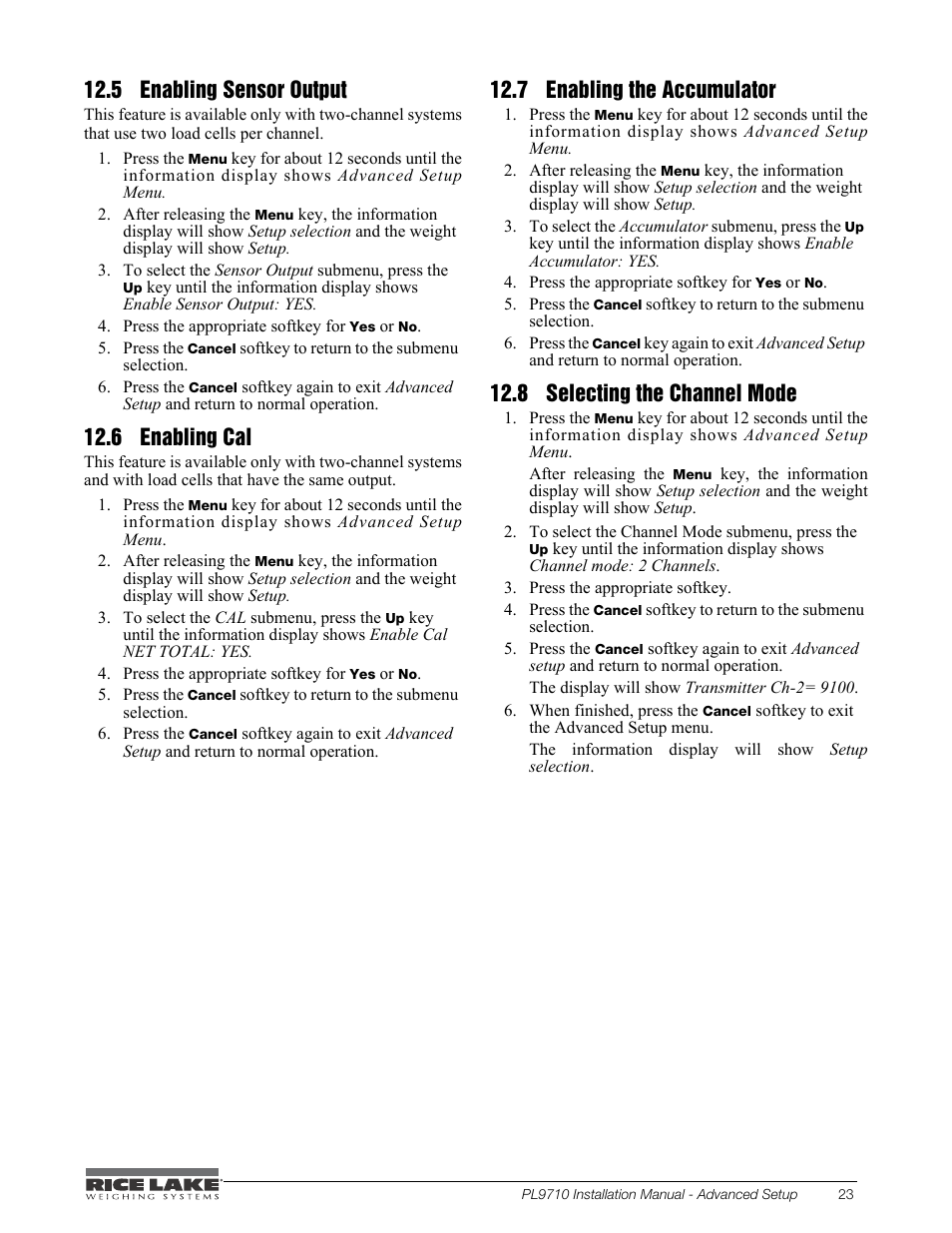 5 enabling sensor output, 6 enabling cal, 7 enabling the accumulator | 8 selecting the channel mode, Enabling sensor output, Enabling cal, Enabling the accumulator, Selecting the channel mode | Rice Lake Combination System - Precision Loads PL9710 Indicator User Manual | Page 27 / 30