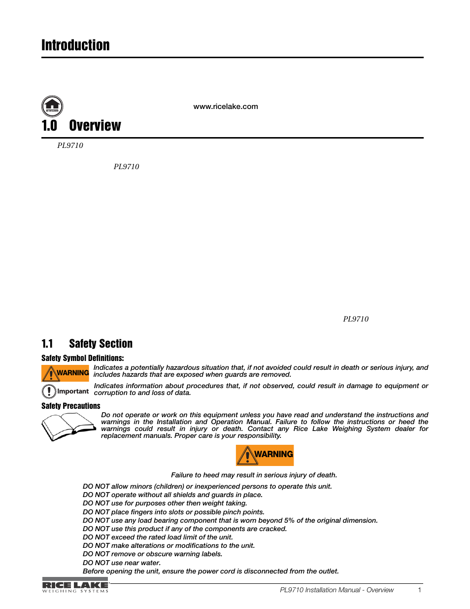 Introduction, 0 overview, 1 safety section | Introduction 1.0, Overview, Safety section | Rice Lake Combination System - Precision Loads PL9710 Indicator User Manual | Page 5 / 30
