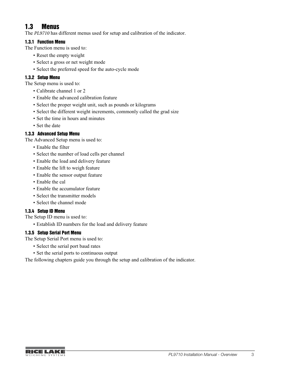 3 advanced setup menu, 4 setup id menu, 5 setup serial port menu | Advanced setup menu, Setup id menu, Setup serial port menu, 3 menus | Rice Lake Combination System - Precision Loads PL9710 Indicator User Manual | Page 7 / 30