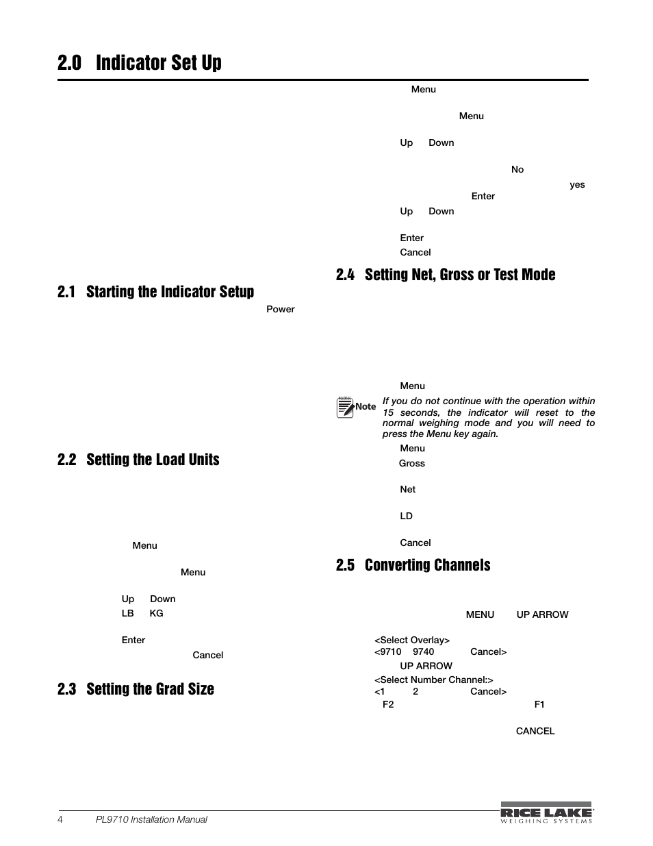 0 indicator set up, 1 starting the indicator setup, 2 setting the load units | 3 setting the grad size, 4 setting net, gross or test mode, 5 converting channels, Indicator set up, Starting the indicator setup, Setting the load units, Setting the grad size | Rice Lake Combination System - Precision Loads PL9710 Indicator User Manual | Page 8 / 30