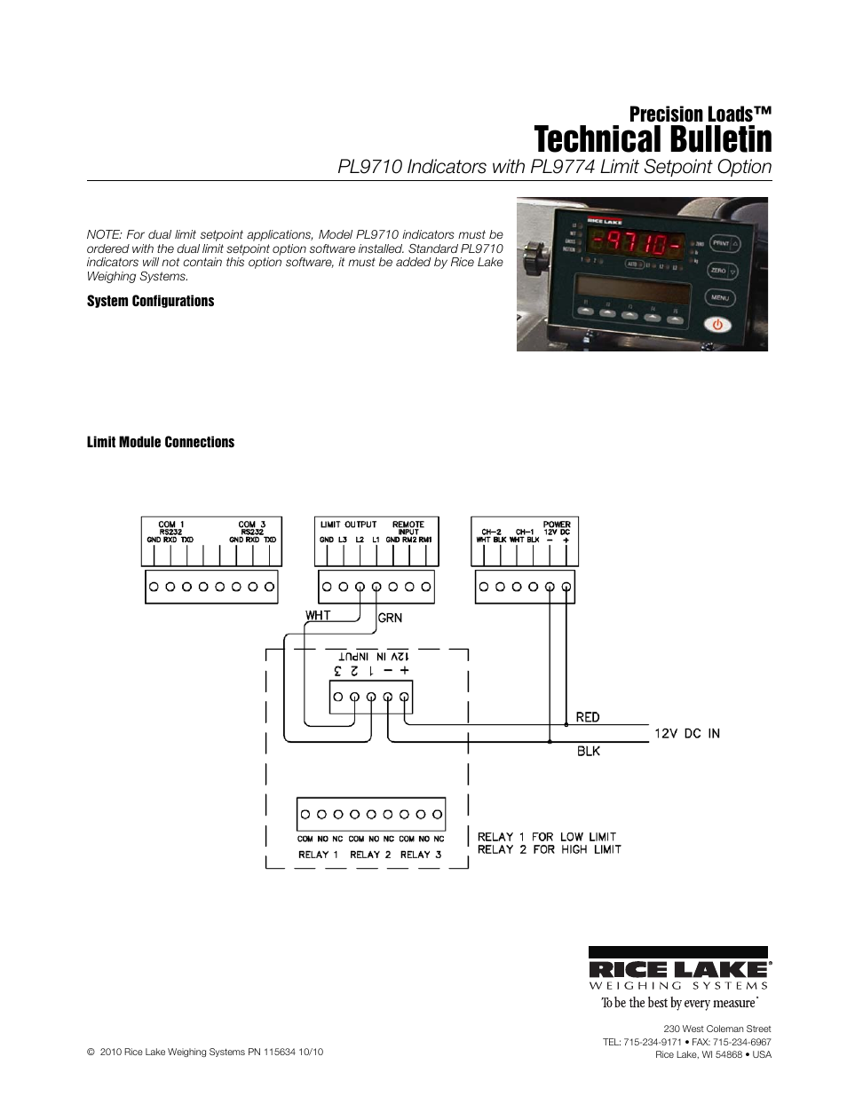 Rice Lake Combination System - Precision Loads PL9710 Indicators with PL9774 Limit Setpoint Option User Manual | 3 pages