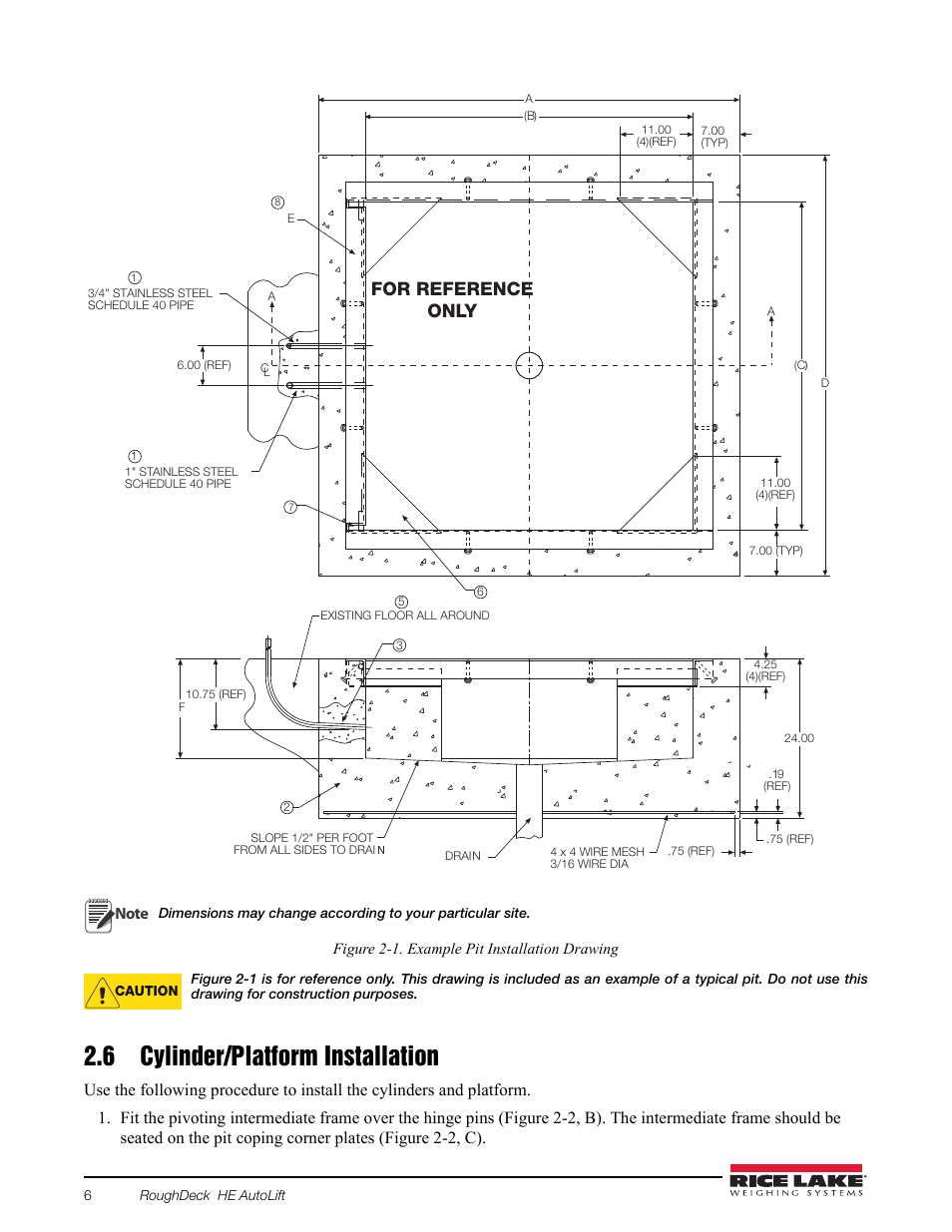 Figure 2-1. example pit installation drawing, 6 cylinder/platform installation, For reference only | Rice Lake AutoLift HE Low-Profile Lift User Manual | Page 10 / 22