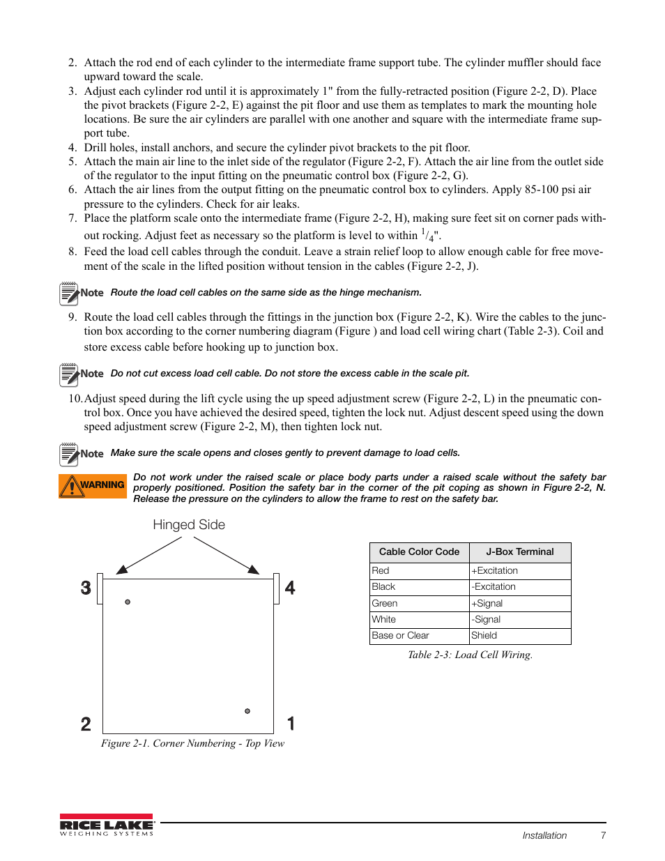 Figure 2-1. corner numbering - top view, Excitation, Black | Green, Signal, White, Base or clear, Shield, Table 2-3: load cell wiring | Rice Lake AutoLift HE Low-Profile Lift User Manual | Page 11 / 22