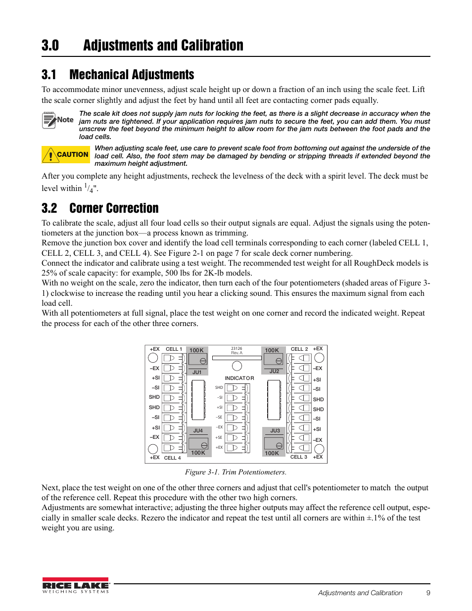 0 adjustments and calibration, 1 mechanical adjustments, 2 corner correction | Figure 3-1. trim potentiometers | Rice Lake AutoLift HE Low-Profile Lift User Manual | Page 13 / 22
