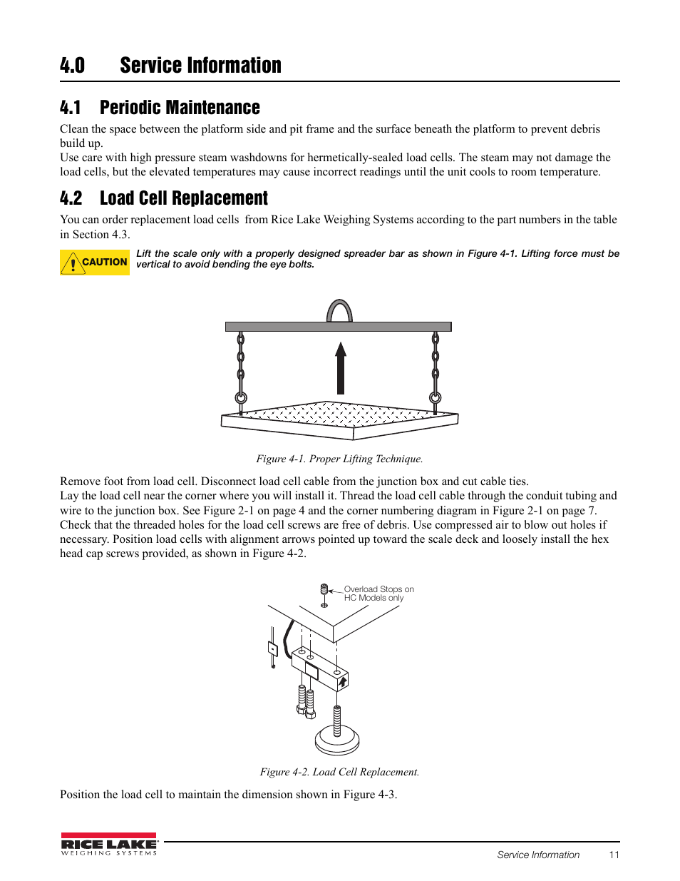 0 service information, 1 periodic maintenance, 2 load cell replacement | Figure 4-1. proper lifting technique, Figure 4-2. load cell replacement | Rice Lake AutoLift HE Low-Profile Lift User Manual | Page 15 / 22