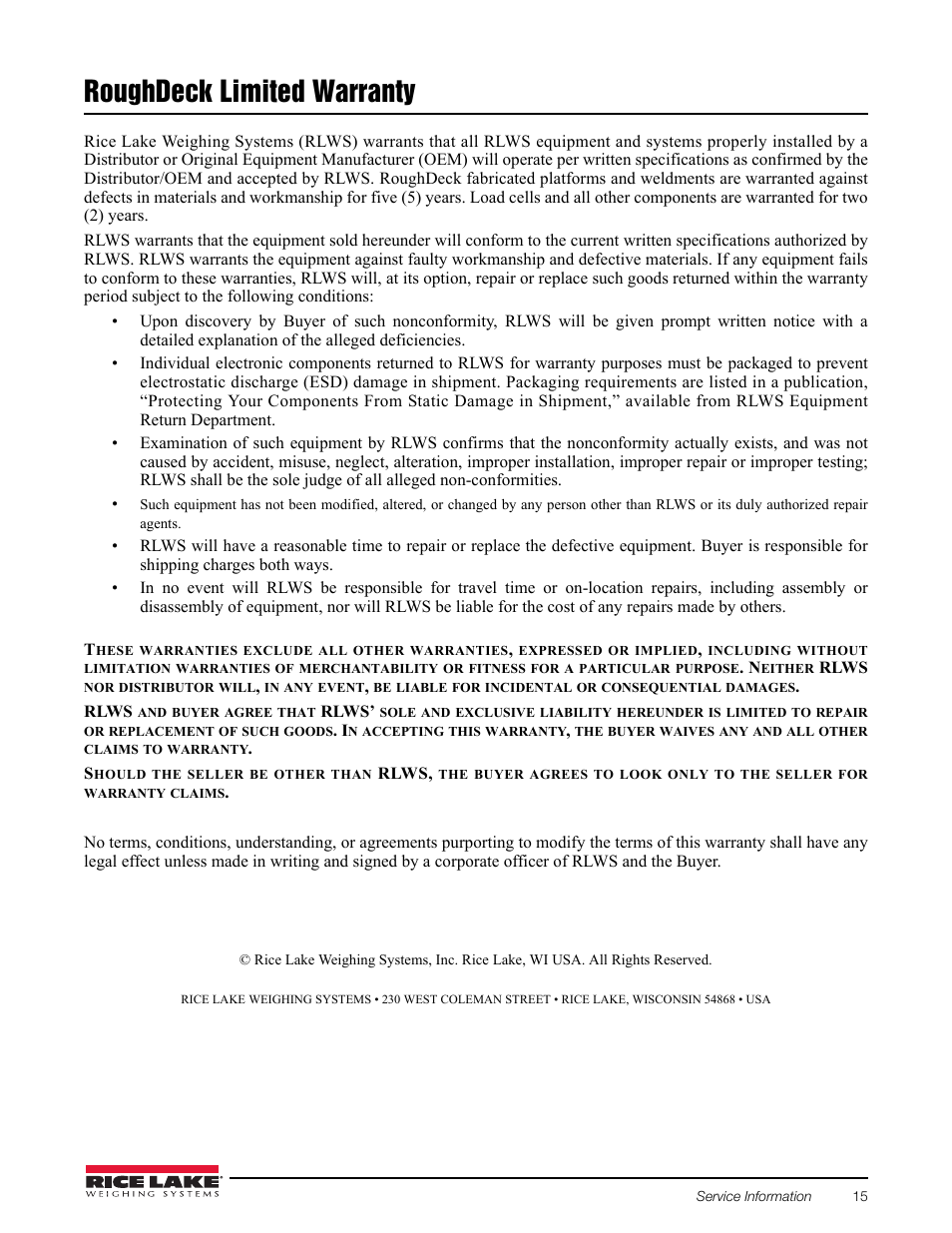 Roughdeck limited warranty | Rice Lake AutoLift HE Low-Profile Lift User Manual | Page 19 / 22