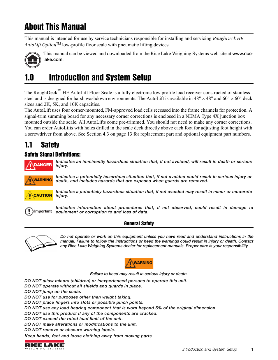 About this manual, 0 introduction and system setup, 1 safety | Safety signal definitions | Rice Lake AutoLift HE Low-Profile Lift User Manual | Page 5 / 22