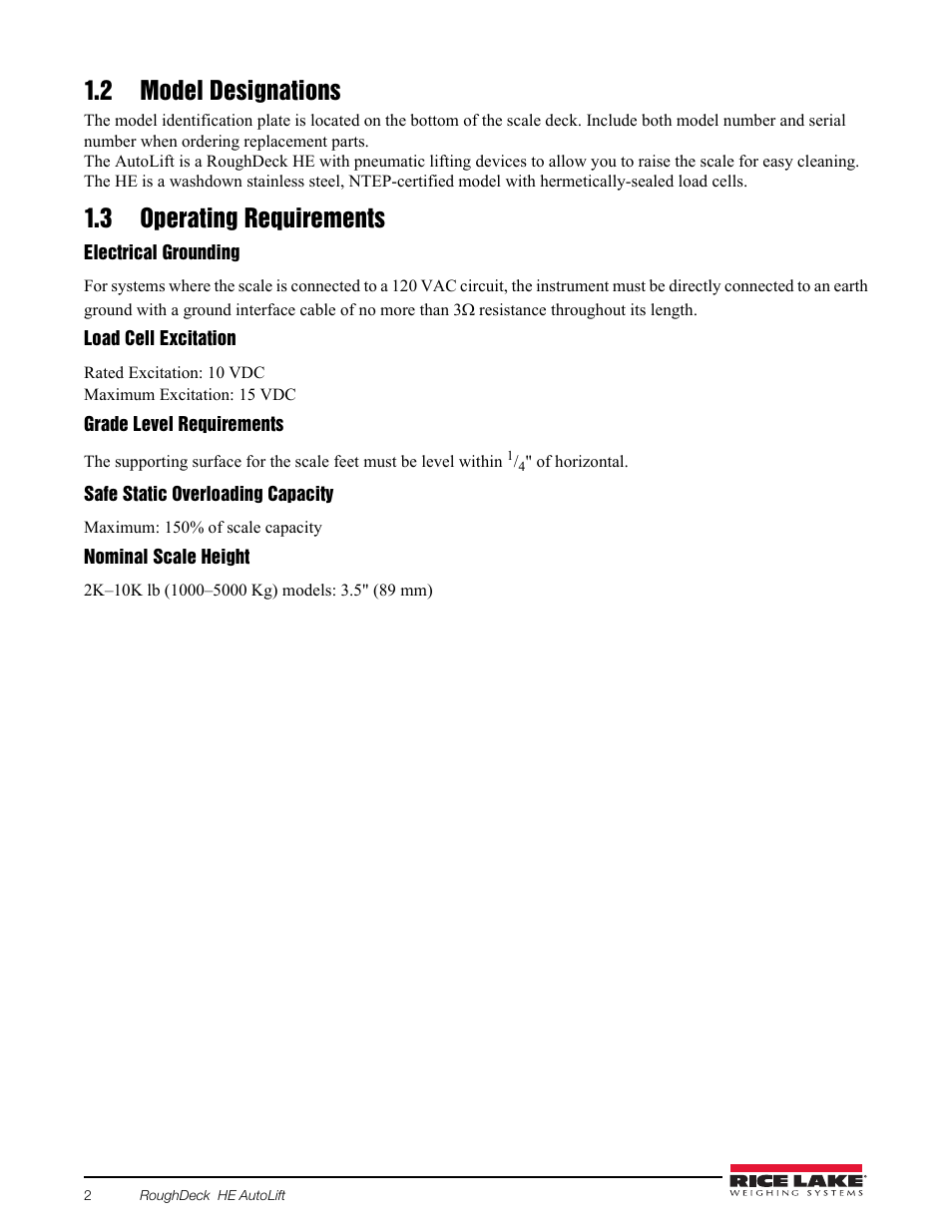 2 model designations, 3 operating requirements, Electrical grounding | Load cell excitation, Grade level requirements, Safe static overloading capacity, Nominal scale height | Rice Lake AutoLift HE Low-Profile Lift User Manual | Page 6 / 22