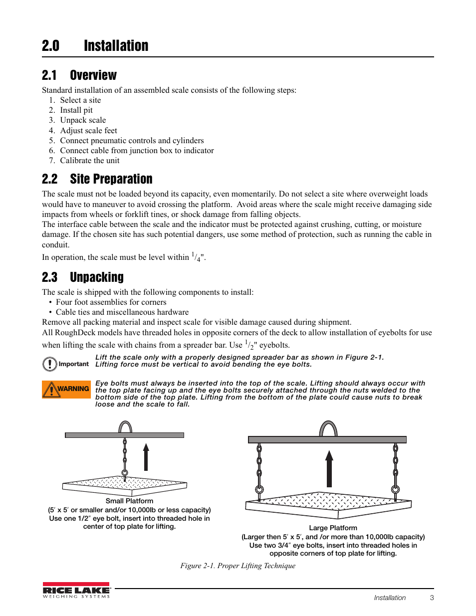 0 installation, 1 overview, Select a site | Install pit, Unpack scale, Adjust scale feet, Connect pneumatic controls and cylinders, Connect cable from junction box to indicator, Calibrate the unit, 2 site preparation | Rice Lake AutoLift HE Low-Profile Lift User Manual | Page 7 / 22