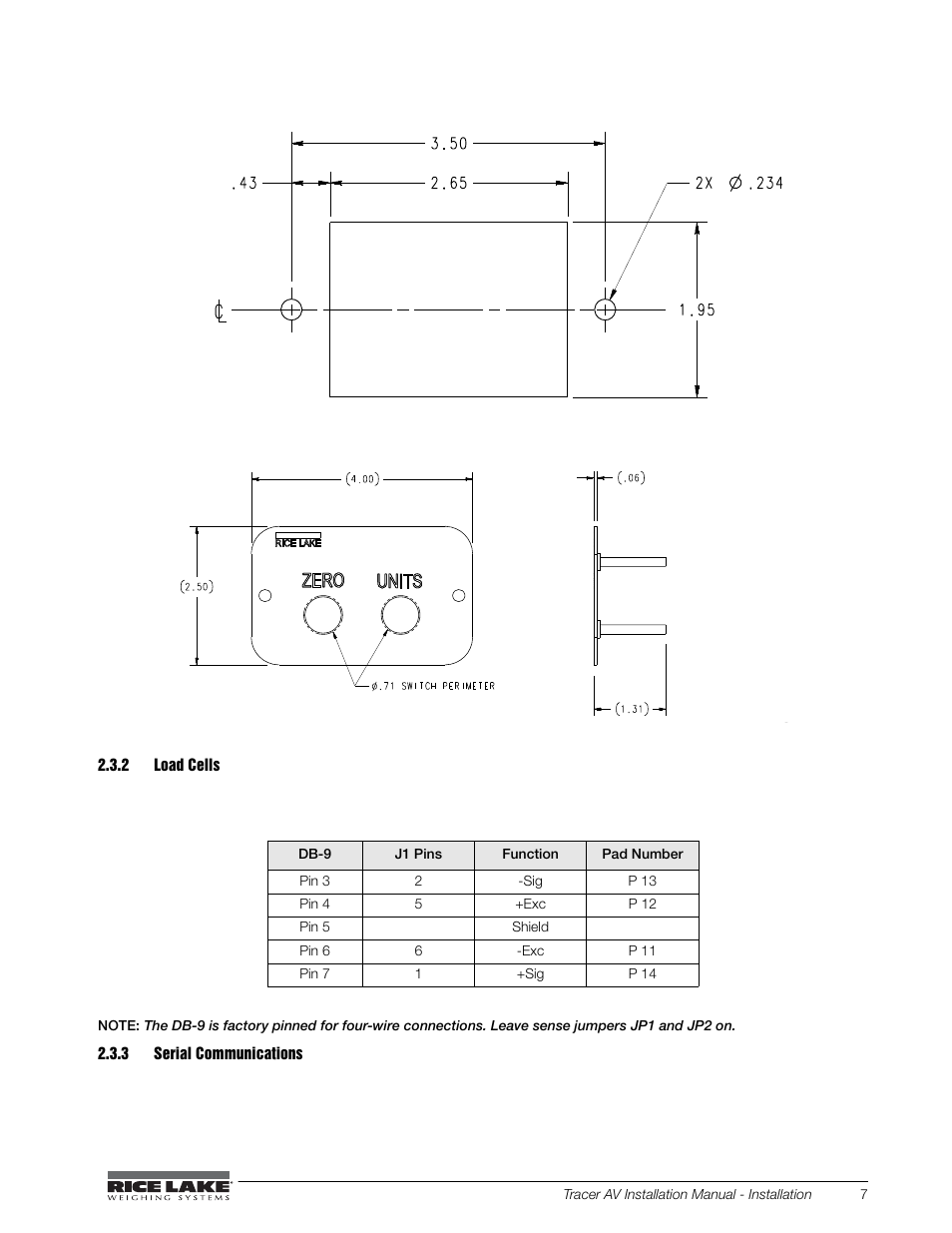 2 load cells, 3 serial communications, Load cells | Serial communications | Rice Lake Tracer AV User Manual | Page 11 / 48