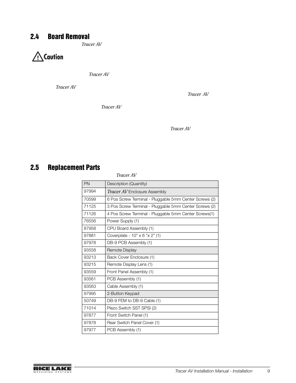 4 board removal, 5 replacement parts, 4 board removal 2.5 replacement parts | Rice Lake Tracer AV User Manual | Page 13 / 48