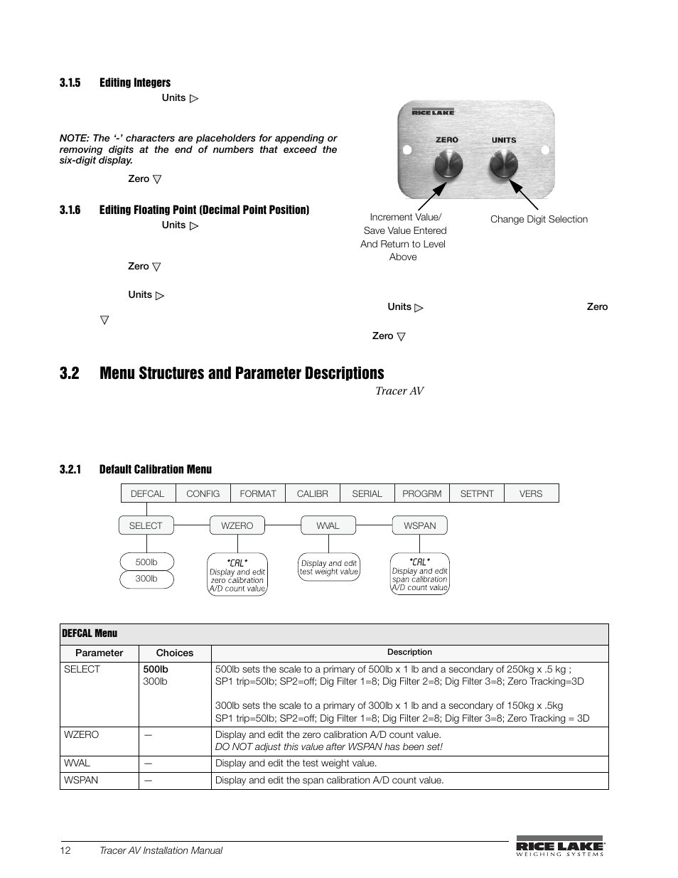 5 editing integers, 6 editing floating point (decimal point position), 2 menu structures and parameter descriptions | 1 default calibration menu, Editing integers, Editing floating point (decimal point position), Default calibration menu | Rice Lake Tracer AV User Manual | Page 16 / 48