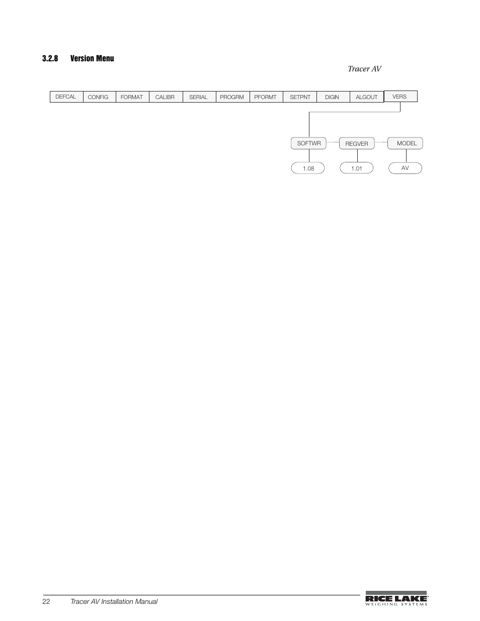 8 version menu, Version menu, You can also check the model | Rice Lake Tracer AV User Manual | Page 26 / 48