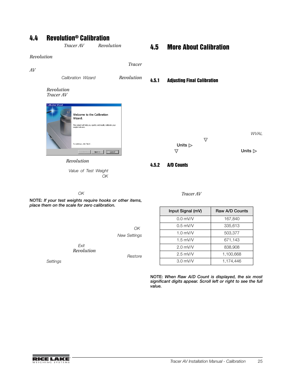 4 revolution® calibration, 5 more about calibration, 1 adjusting final calibration | 2 a/d counts, Adjusting final calibration, A/d counts, 4 revolution, Calibration | Rice Lake Tracer AV User Manual | Page 29 / 48
