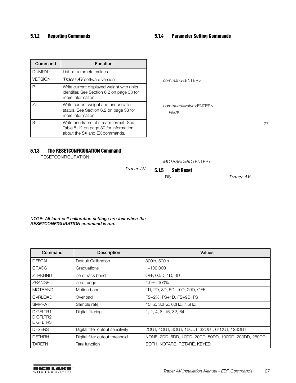2 reporting commands, 3 the resetconfiguration command, 4 parameter setting commands | 5 soft reset, Reporting commands, The resetconfiguration command, Parameter setting commands, Soft reset | Rice Lake Tracer AV User Manual | Page 31 / 48