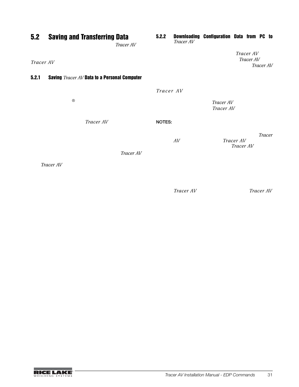 2 saving and transferring data, 1 saving tracer av data to a personal computer, Saving | Downloading configuration data from pc to | Rice Lake Tracer AV User Manual | Page 35 / 48