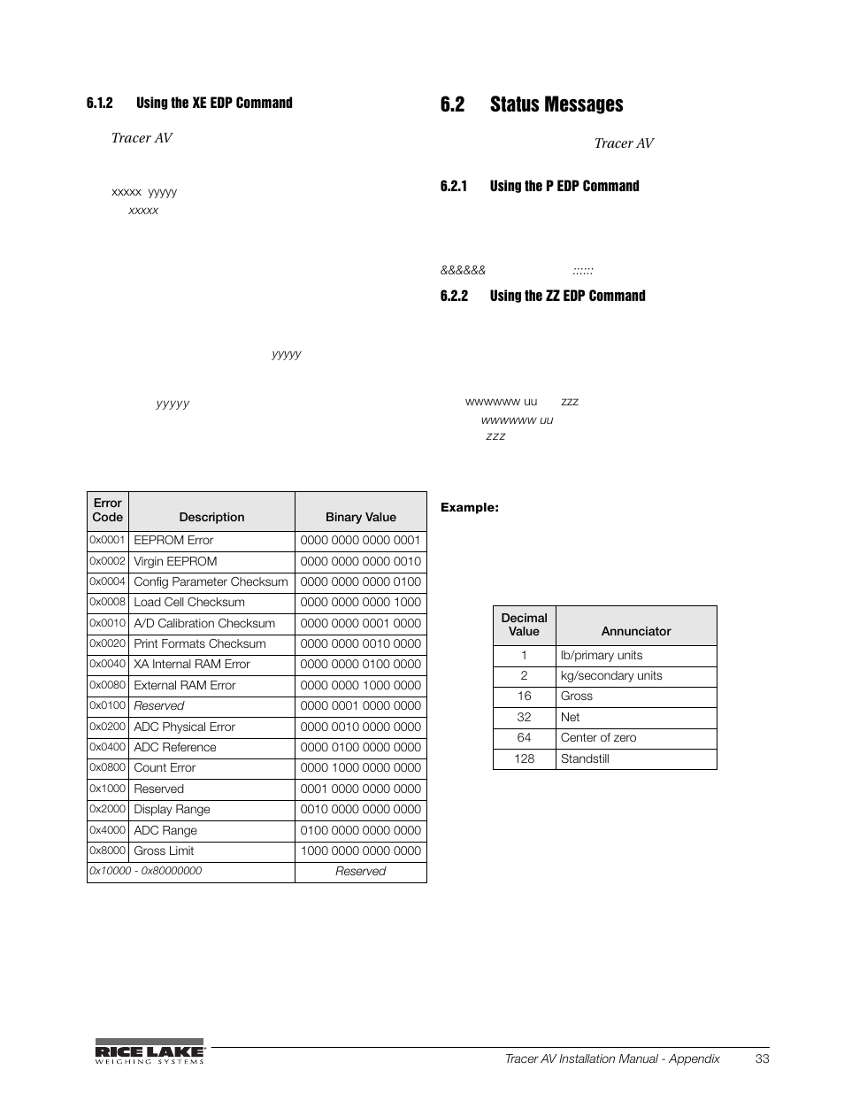 2 using the xe edp command, 2 status messages, 1 using the p edp command | 2 using the zz edp command, Using the xe edp command, Using the p edp command, Using the zz edp command | Rice Lake Tracer AV User Manual | Page 37 / 48