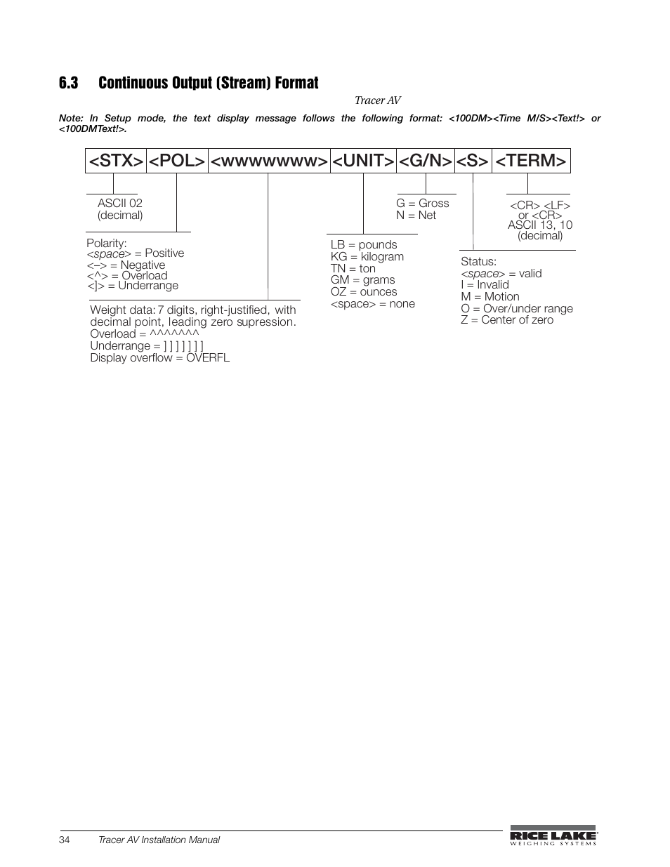 3 continuous output (stream) format | Rice Lake Tracer AV User Manual | Page 38 / 48
