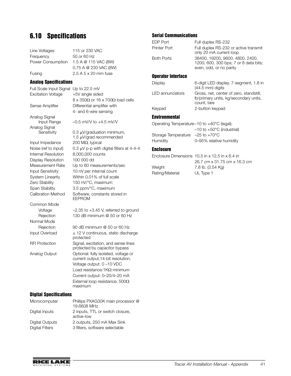 10 specifications | Rice Lake Tracer AV User Manual | Page 45 / 48