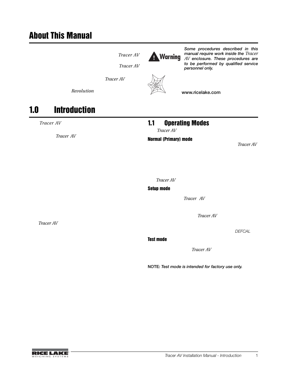About this manual, 0 introduction, 1 operating modes | About this manual 1.0, Introduction, W arning | Rice Lake Tracer AV User Manual | Page 5 / 48