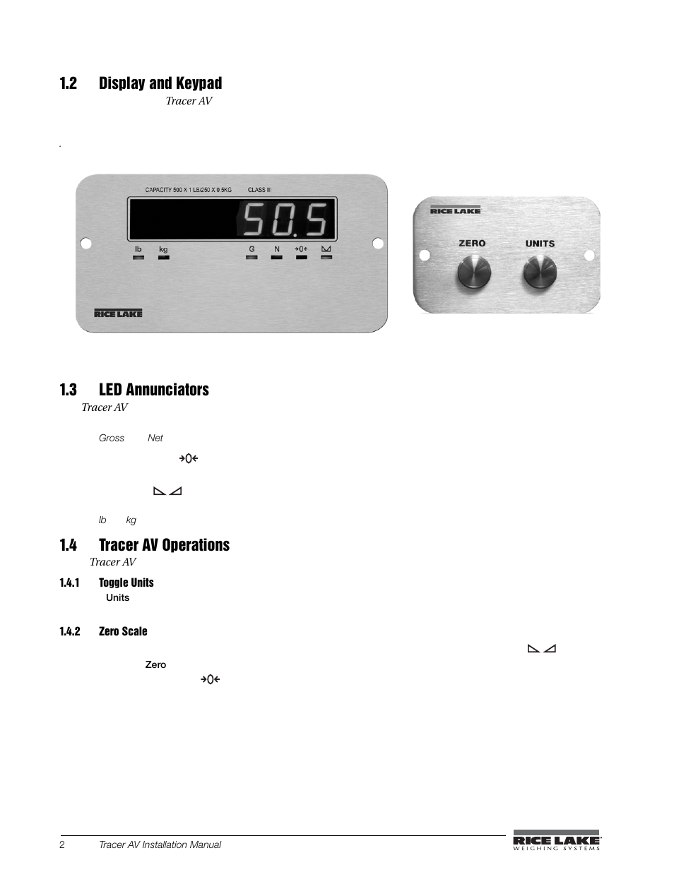 2 display and keypad, 3 led annunciators, 4 tracer av operations | 1 toggle units, 2 zero scale, Toggle units, Zero scale, See figure 1-1 2), Figure 1-1 2) | Rice Lake Tracer AV User Manual | Page 6 / 48