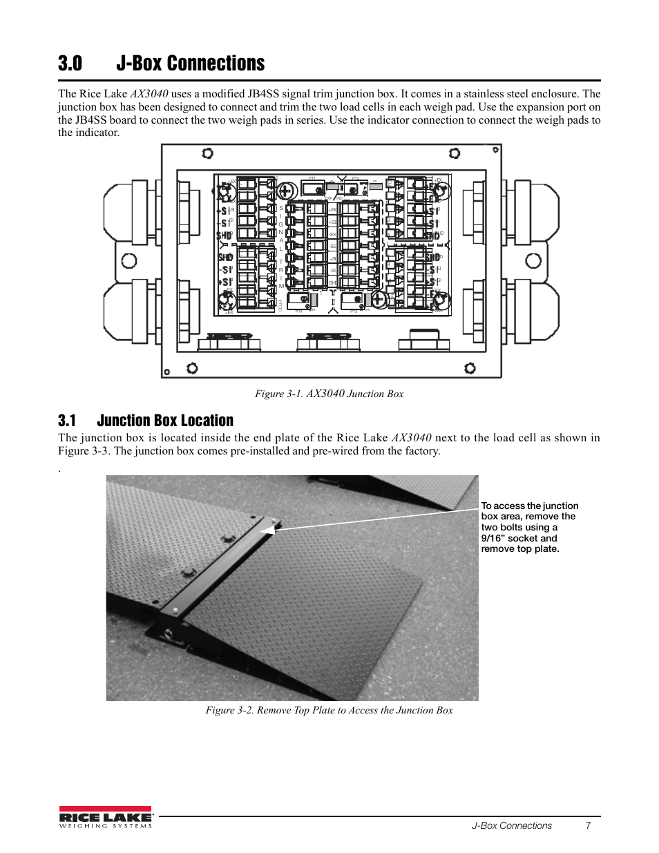 0 j-box connections, 1 junction box location, J-box connections | Ax3040, Figure 3-1, Junction box, J-box connections 7 | Rice Lake AX 3040 User Manual | Page 11 / 22