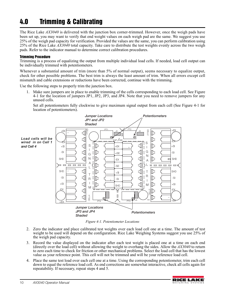 0 trimming & calibrating, Trimming & calibrating | Rice Lake AX 3040 User Manual | Page 14 / 22