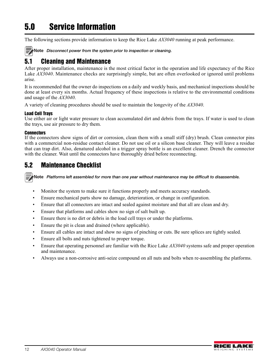 0 service information, 1 cleaning and maintenance, 2 maintenance checklist | Service information | Rice Lake AX 3040 User Manual | Page 16 / 22