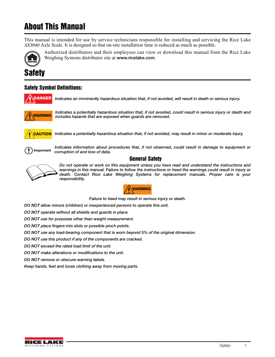 About this manual, Safety | Rice Lake AX 3040 User Manual | Page 5 / 22