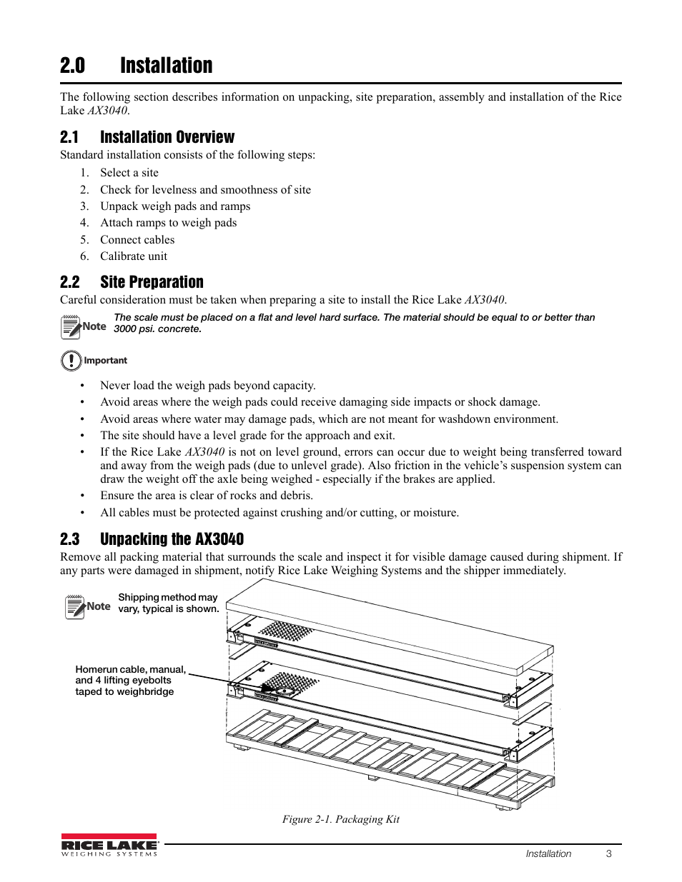 0 installation, 1 installation overview, 2 site preparation | 3 unpacking the ax3040, Installation | Rice Lake AX 3040 User Manual | Page 7 / 22