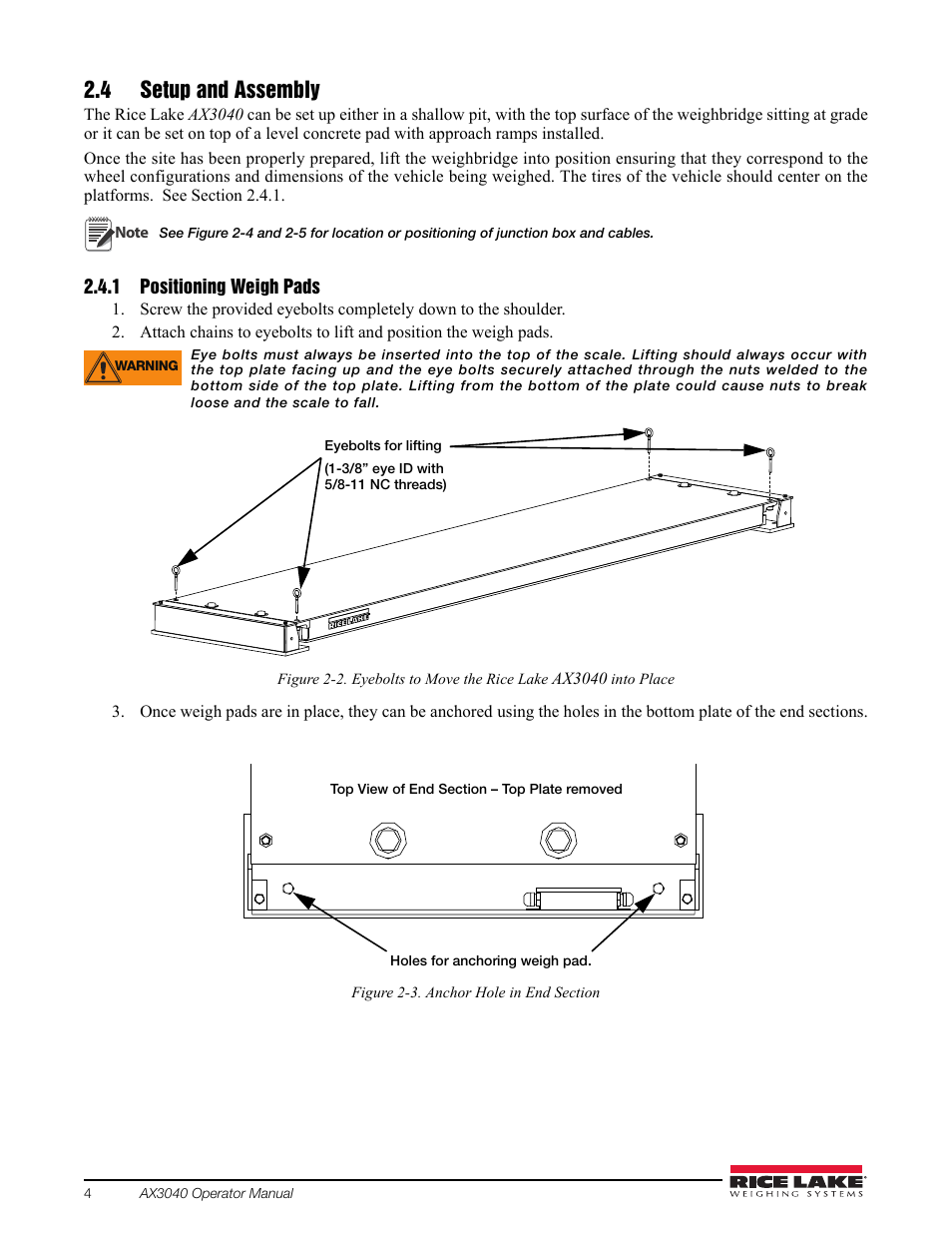 4 setup and assembly, Positioning weigh pads | Rice Lake AX 3040 User Manual | Page 8 / 22