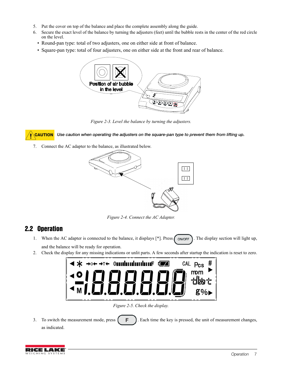 Figure 2-4. connect the ac adapter, 2 operation, Figure 2-5. check the display | 㼙㼛㼙 㻏 | Rice Lake TP Series, Rice Lake Weighing Systems - Balance Manual User Manual | Page 11 / 36