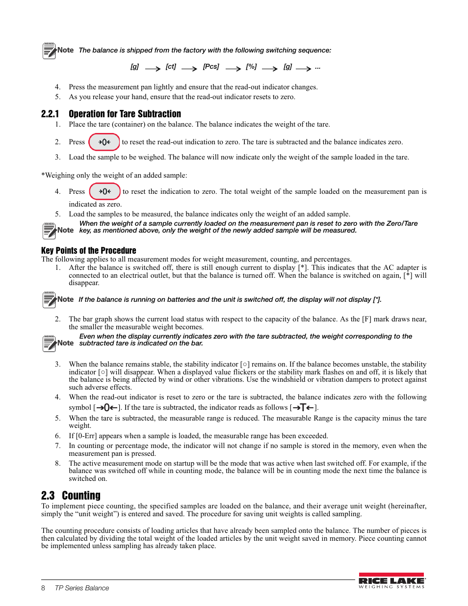 1 operation for tare subtraction, Key points of the procedure, 3 counting | Rice Lake TP Series, Rice Lake Weighing Systems - Balance Manual User Manual | Page 12 / 36