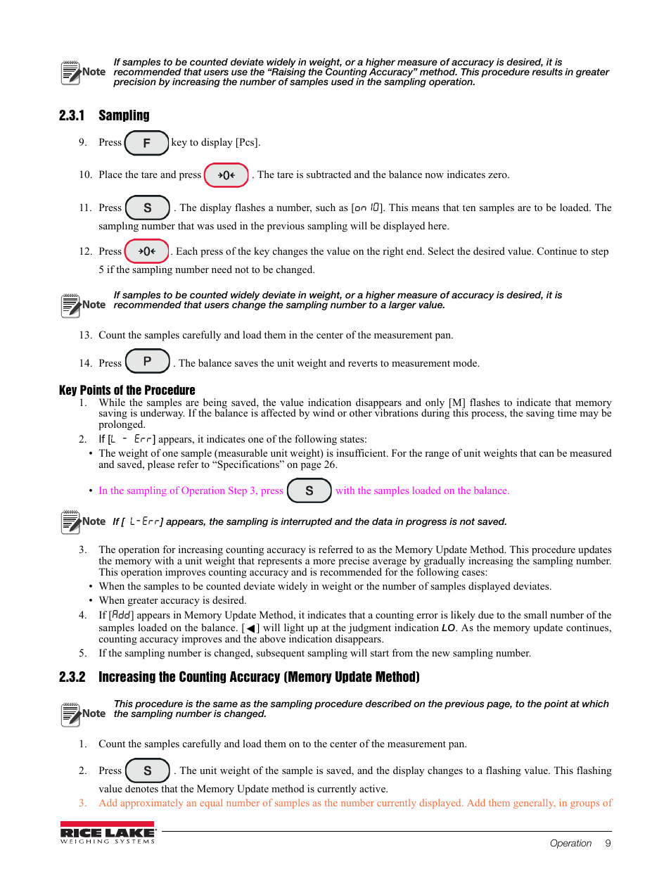 1 sampling, Presskey to display [pcs, Key points of the procedure | Rice Lake TP Series, Rice Lake Weighing Systems - Balance Manual User Manual | Page 13 / 36